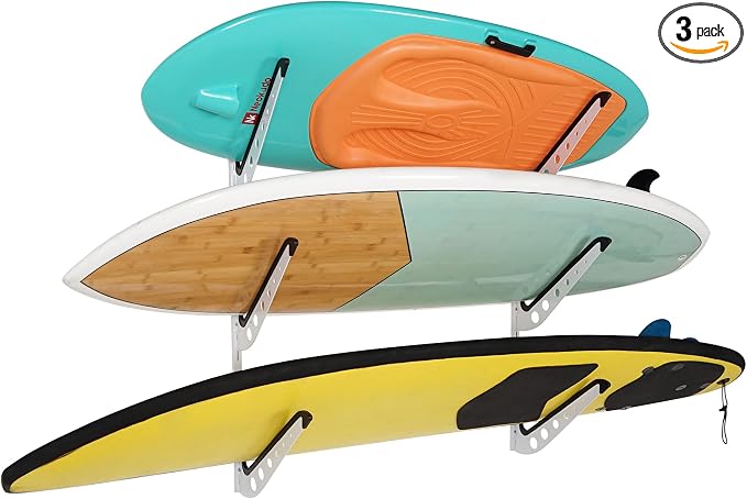 3 Board Surf Rack Wall Mount for Surfboard, Wakeboard, Snowboard Storage Adjustable Wall Hangers Boards Display