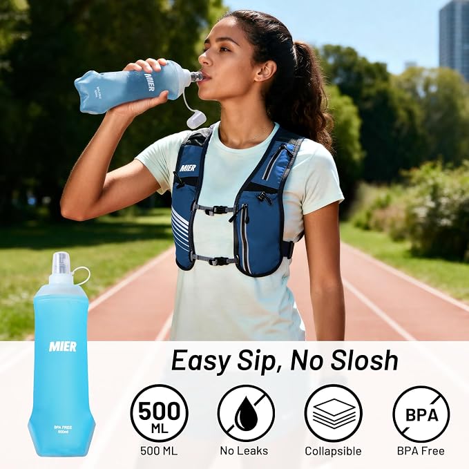 MIER Running Vest for Women Men, Lightweight Breathable Hydration Vest with 500ml Soft Flask Reflective Hydration Backpack for Marathon Cycling Hiking Jogging