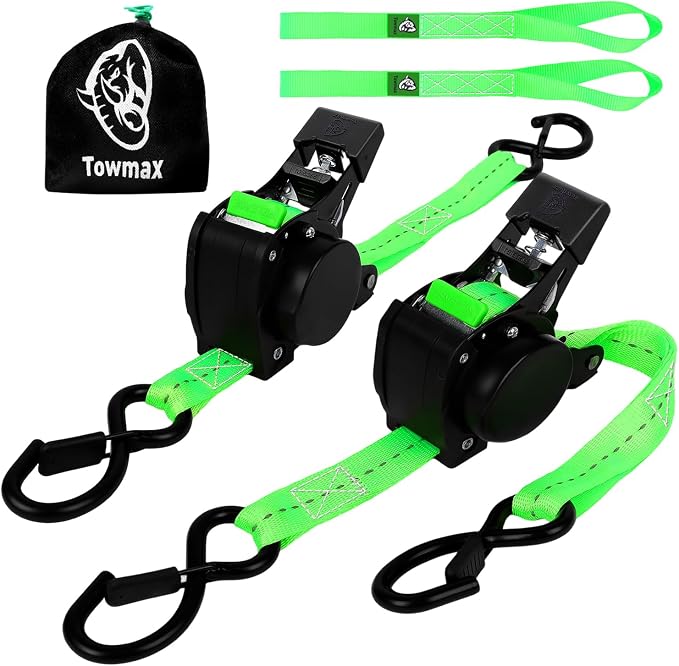 Retractable Ratchet Straps (Patented-2pack) - 1 inch x 10Feet (1,800lb Break Strength) Auto Self Retracting Tie Down Straps - Self Retractable Straps with Refletcive for Motorcyle, Truck or Cargo