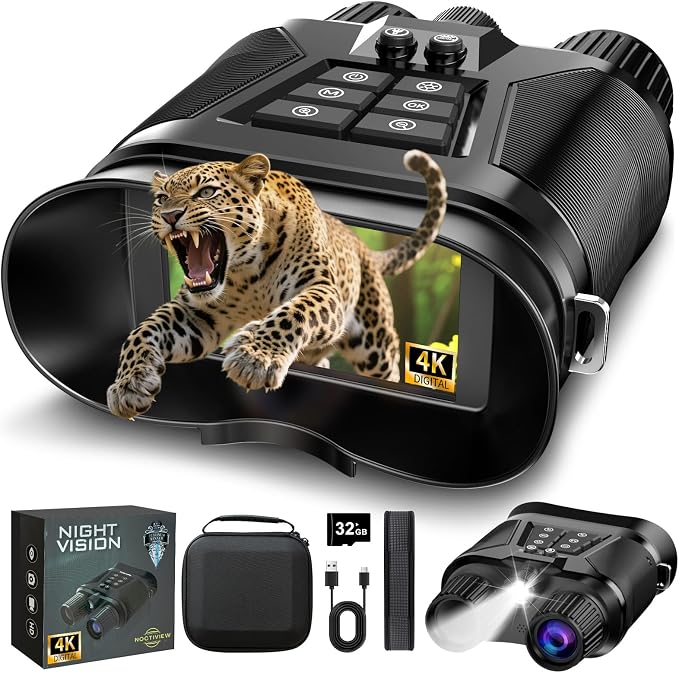 4K Night Vision Binoculars–8X Zoom, 40MP Photos, 5000mAh Battery, 13° FOV, 3” Display, 800M Range, 3 IR Levels, 128GB Storage – Gift Set with Compass & Pouch for Camping and Wildlife.