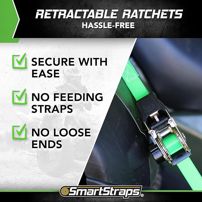 SMARTSTRAPS Retractable Ratchet Tie Down Straps (4 PK) 1,500lb Break Strength, 500lb Safe Work Load, Standard Duty, Secure and Haul ATVs, Lawn Tractors, Cargo, Boxes and Other Small Equipment