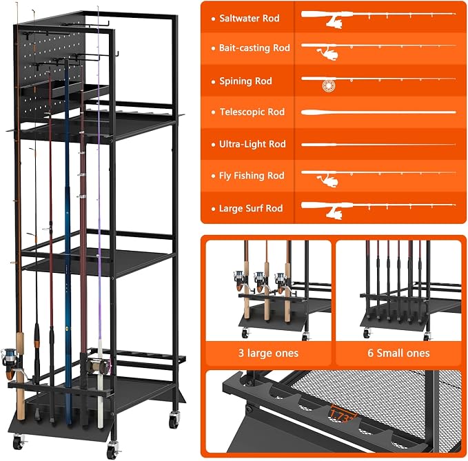 12-Rod Fishing Pole Holders for Garage, 3-Shelf Fishing Rod Holder with Pegboard and Trays, 360° Rotatable, Rolling Fishing Storage Cart with Wheels for Tackle Box & Fishing Gear Organization