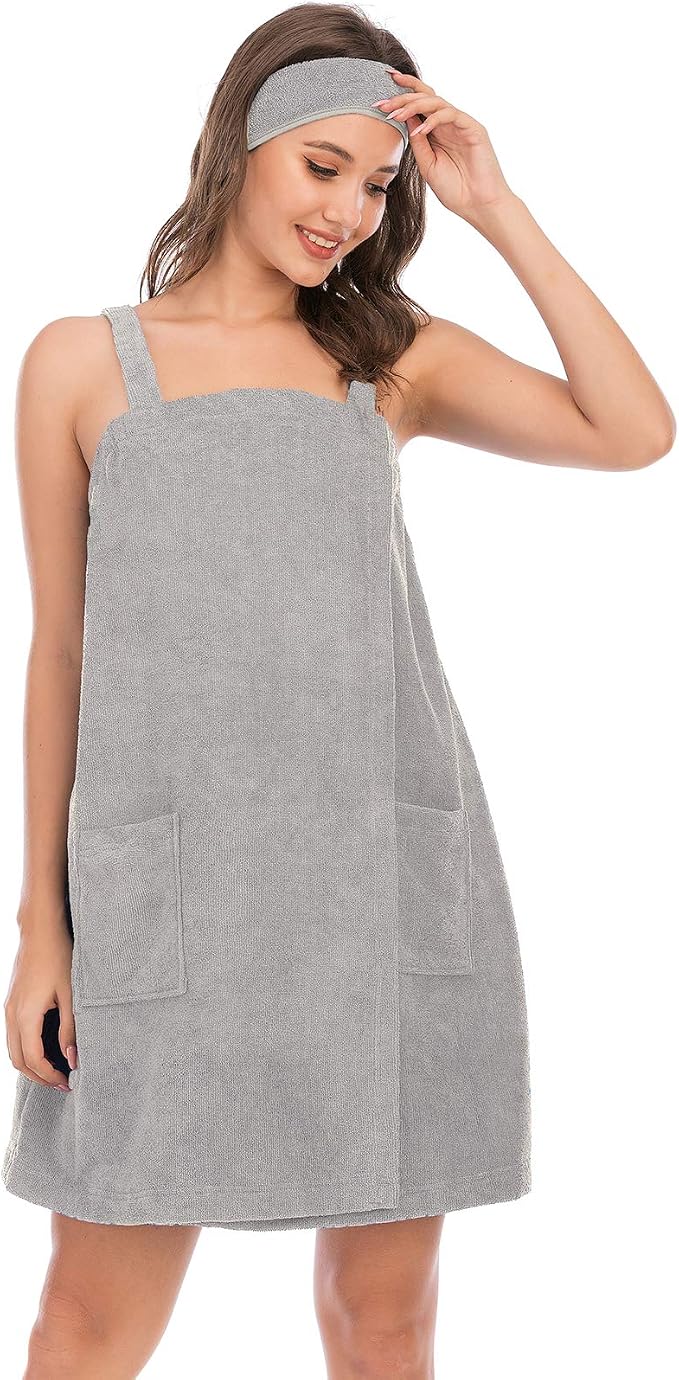 Veseacky Women Bath Wrap Towel for Womens Shower with Pocket Adjustable Spa Robe & Facial Headband
