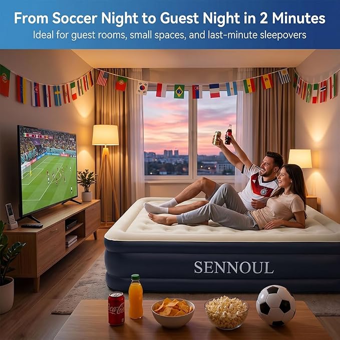 SENNOUL Air Mattress Queen with Built in Pump, Inflatable Mattress Blow Up Mattress 18 Raised Comfort,Upgraded Surface Portable Bed, Air Bed for Home, Guest, Camping, Colchone Inflable, 650 lbs