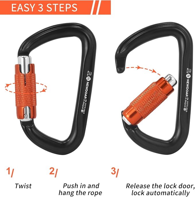 NewDoar 28KN UIAA & CE Certified Auto Climbing Carabiner Professional Heavy Duty Caribeaner for Rappelling D-Shaped
