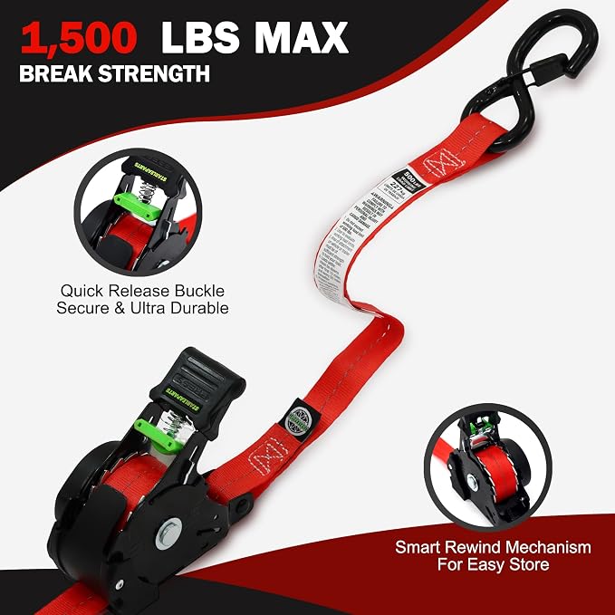 Retractable Ratchet Straps(4PK 1.0INX12FT) - 1,500lb Break Strength, Ratchet Strap Heavy Duty with Rubber Coated Handle, Perfect Auto Ratchet Straps for Motorcycle,Trucks (Red)
