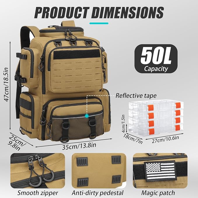 Tactical Fishing Backpack with Tackle Boxes, Rod Holders & Bottle Holder, 50 L Large Insulated Fishing Tackle Box Backpack with Cooler, Fishing Bag Store Gear & Equipment, 900 D Oxford, Brown