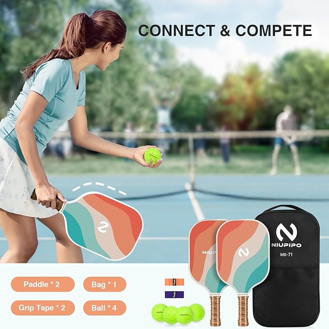 niupipo Pickleball Paddles Set of 2/4/1, USAPA Approved Carbon Fiber & Fiberglass Hybrid, Easy Power, Polypropylene Honeycomb Core, Cushioned 4.72" Grip, Bag/Cover, Pickleball Paddle Set for Men Women