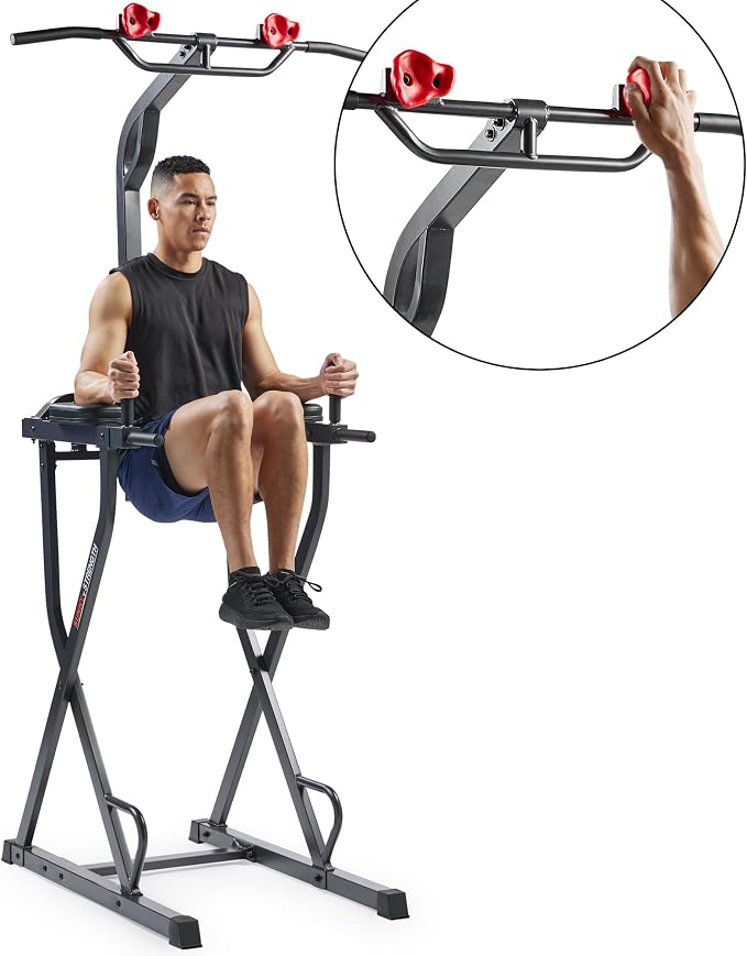 Sunny Health & Fitness Power Tower Dip Station & Pull-Up Bar, Multi-Function Strength Training Equipment with Captain’s Chair, Push-Up Bars & Core Workout for Home Gym