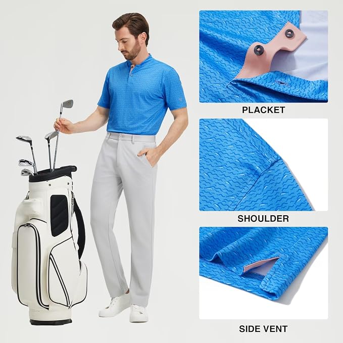 M MAELREG Golf Shirts for Men Collarless Performance Dry Fit Stretch Henley Casual Printed Mens Polo Shirts Short Sleeve