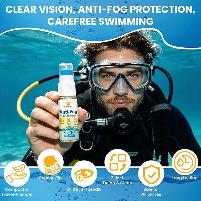 Anti-Fog for Swim Goggles, Clear Vision Mask Defogger, 2+ Hour Fog-Free Protection, Safe Formula with Sponge Applicator, for Snorkel, Diving & Ski Masks (20 ml)