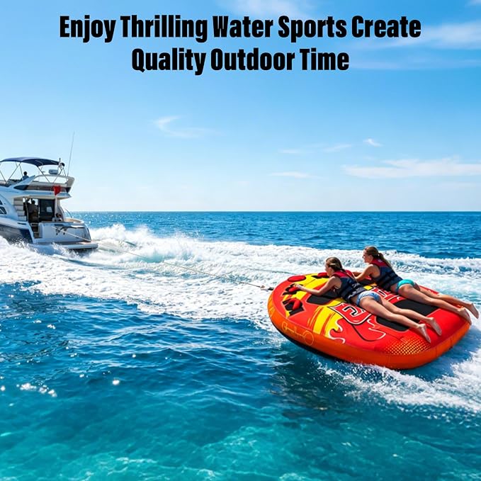 Dreamtrue 1-2 Person Inflatable Towable Tube for Boating, 340 LBS Capacity Heavy-Duty Water Tube with 840D Nylon Cover, 4+2 Safety Grips, EVA Padded, Quick Inflate/Deflate Towable Tube for Adults