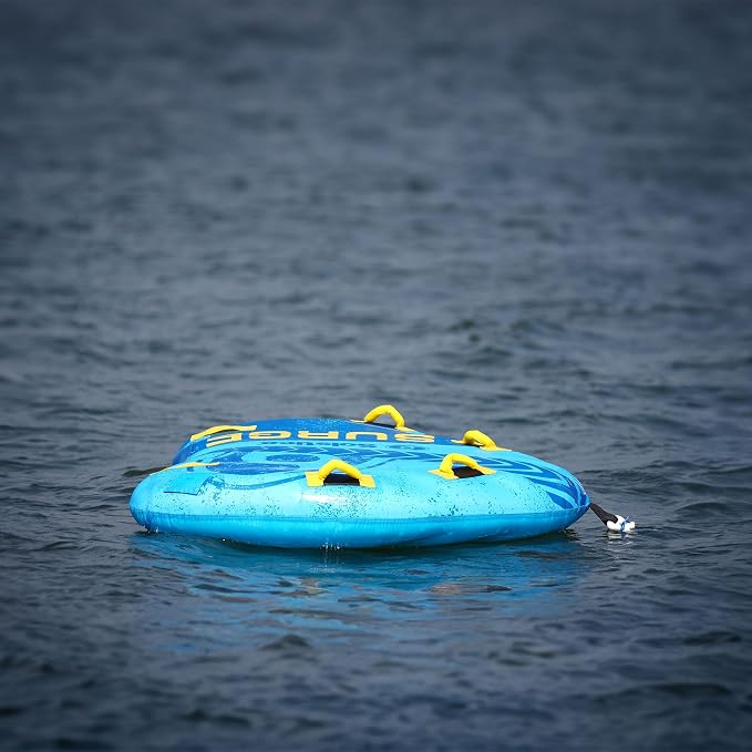 Solstice Surge Inflatable Towable Boat Tube | Stable 2-Person Water Sports Tube with Easy Inflate/Deflate System | 6 Handles & EVA Knuckle Guards | Vibrant Colors for Prime Visibility & Tubing Fun