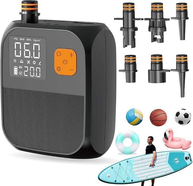 Fisca Paddle Board Pump, 25PSI Portable Rechargeable SUP Air Pump, Quick Inflate/Auto Off & Car Adapter Electric Air Compressor for Stand up Paddle Boards,Kayak,Tent