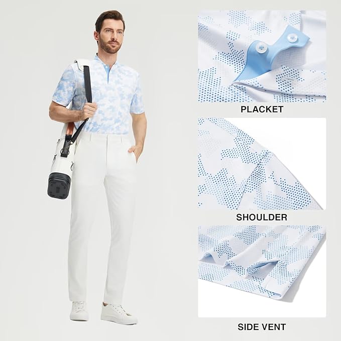 M MAELREG Golf Shirts for Men Collarless Performance Dry Fit Stretch Henley Casual Printed Mens Polo Shirts Short Sleeve