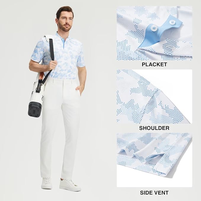M MAELREG Golf Shirts for Men Collarless Performance Dry Fit Stretch Henley Casual Printed Mens Polo Shirts Short Sleeve