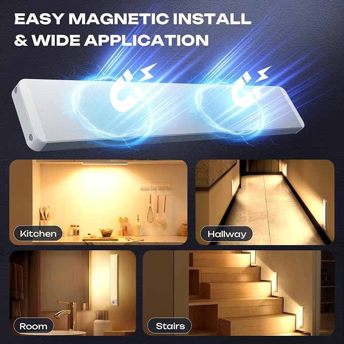 Under Cabinet Lighting Wireless LED Motion Sensor Magnetic Light 2500maAh Rechargeable Indoor Closet Lights for Kitchen, Stairs (5, Warm White, 14 Inch)
