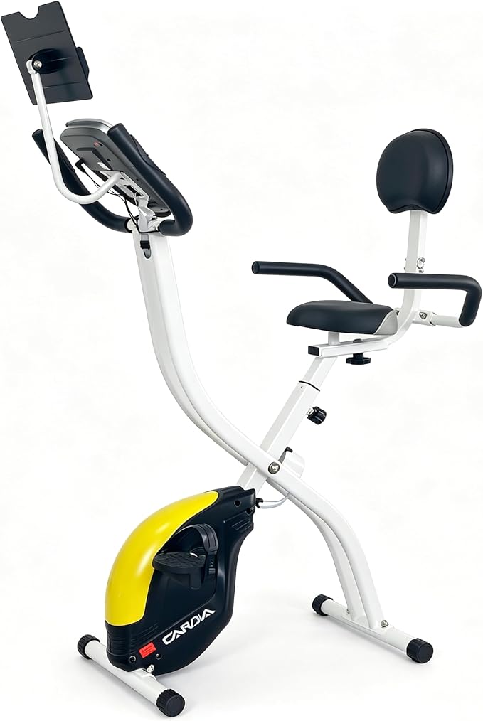 Folding Exercise Bike, Foldable Upright Stationary Bike, Indoor Cycling Magnetic X-Bike with 16-Level Electronic Resistance, Back Support Cushion for Home Gym