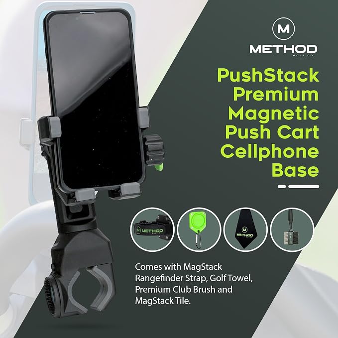 Method Golf PushStack Pro Pack- Magnetic Phone Holder for Golf Push Cart Plus Rangefinder Magnetic Strap, MagStack Microfiber Towel and Club Brush with MagStack Tile- Universal Fit for Most Phones