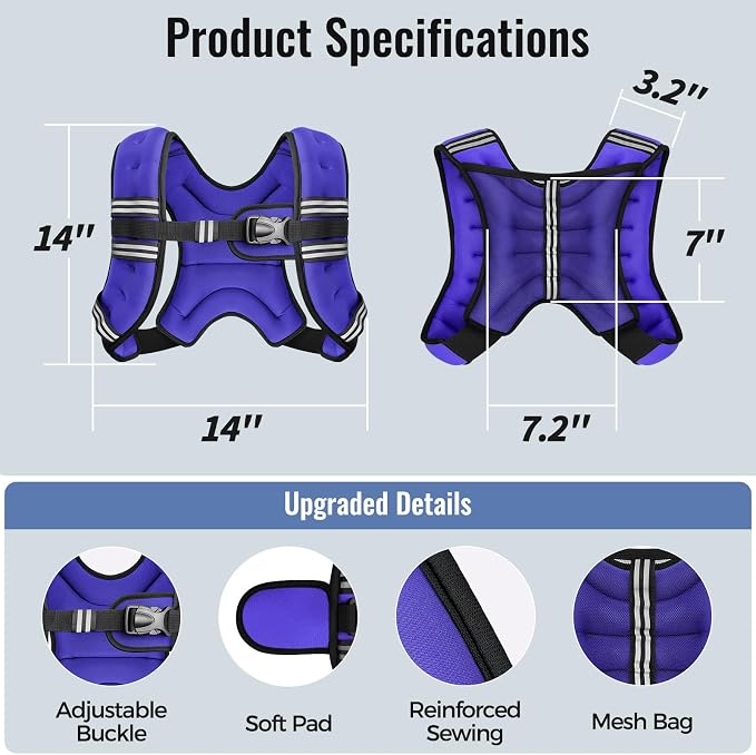 Zeerun Weighted Vest, 6lb/8lb/10lb/12lb/15lb/18lb/20lb/24lb/30lb for Men Women, Reflective Stripe Adjustable Buckle, Comfortable Durable Rucking Vest for Walking Running Strength Training