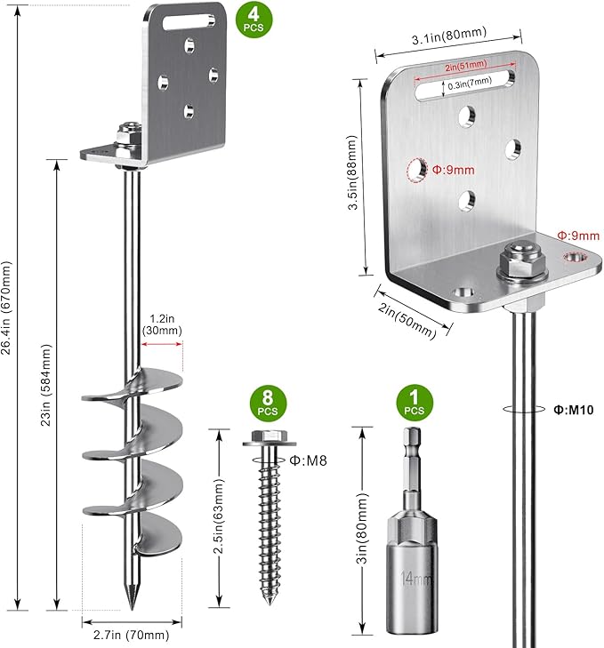 BeneLabel 2/4/6 Pack 18" 24" Ground Anchors Screw in Shed Anchor with L Bracket Trampoline Anchor Spiral Swingset Anchors for Swing Set, Mobile Home, Fence, Playset, Tent, Canopy, Carport