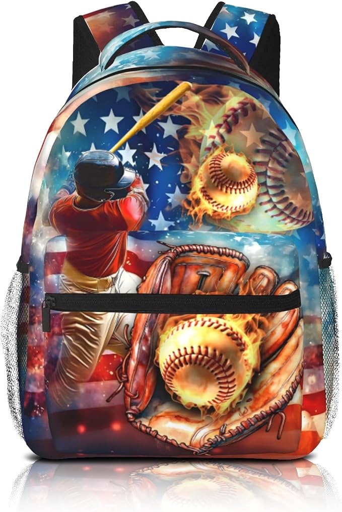 Baseball School Backpack for Boys Sports American Flag Baseball Boys Backpack for Kids Children Teens Ages 6-18 Elementary Middle School Students Bookbag Travel Back Pack