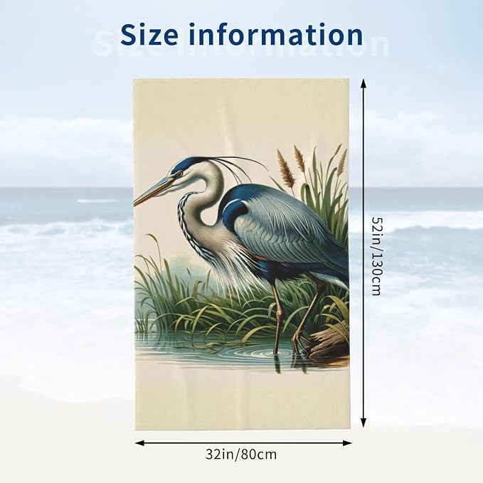 Retro Blue Heron Beach Towel, 32x52in Microfiber Quick Dry Nature Bird Vintage Bath Towels, Soft Lightweight Oversized Sand Free, for Travel Pool Swimming Gym Decor, Gifts
