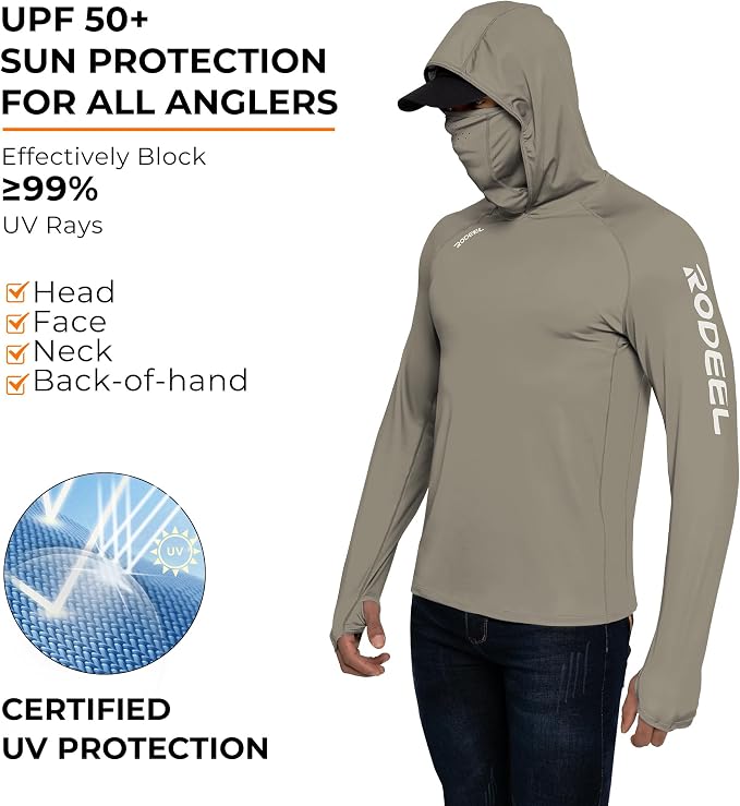 Rodeel Men's UPF 50+ Performance Fishing Hoodie, Long Sleeve Sun Protection Athletic Quick-Dry Breathable T-Shirt