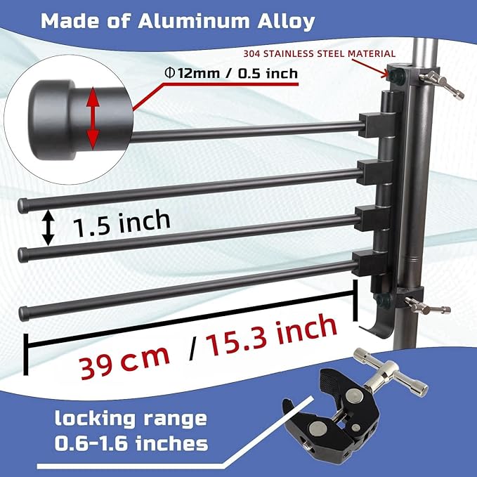 RV Clothes Drying Rack, 4 Arms 15.3" Aluminum for Ladder/Camper/Boat | Aluminum, 304 stainless hardware. 60Lbs capacity. 30s install, no drilling. Fits ladders, boats, RVs, campers, homes