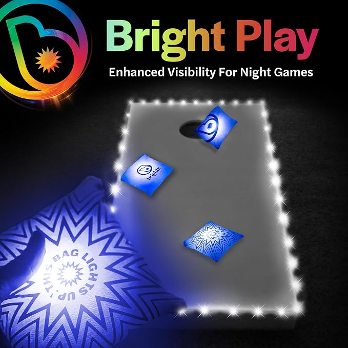 Brightz Cornhole Board Edge Lights with LED Bags - Includes 4-Pack of LED Cornhole Bags + TossBrightz Cornhole Board Edge Lights - The Ultimate Night Time Cornhole Master Set