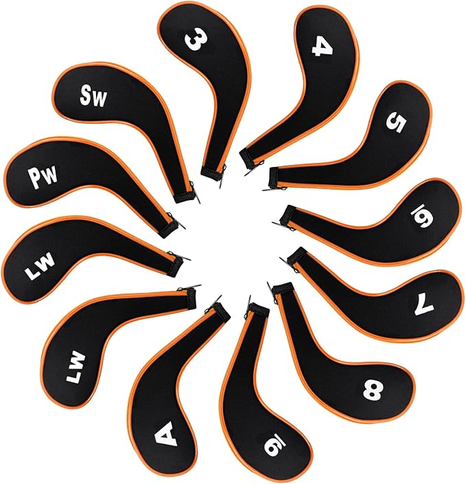 Golf Club 12pcs Thick Synthetic Zipper Long Neck Set Headcover Fit The Most Brands, Side Number Golf Iron Club Head Cover LW SW PW Covers #3,4,5,6,7,8,9