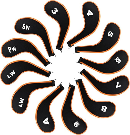 Golf Club 12pcs Thick Synthetic Zipper Long Neck Set Headcover Fit The Most Brands, Side Number Golf Iron Club Head Cover LW SW PW Covers #3,4,5,6,7,8,9