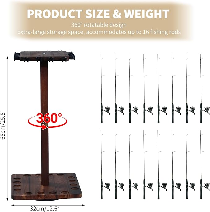 360° Rotating Fishing Rod Holder, Natural Wooden Fishing Pole Rack Stores 16 Rods, Floor-Standing Fishing Rod Storage Organizer with Rounded Clips for Garage, Basement, or Shed, Easy to Install