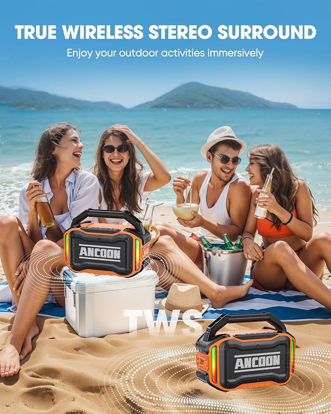 ANCOON Speakers Bluetooth Wireless: 80W(Peak) Loud Speaker with Bass, 20H Playtime, IPX6 Waterproof, Large Jobsite Speakers for Work, Outdoor, Workshop, Garage, Portable Speaker with TWS (Orange)