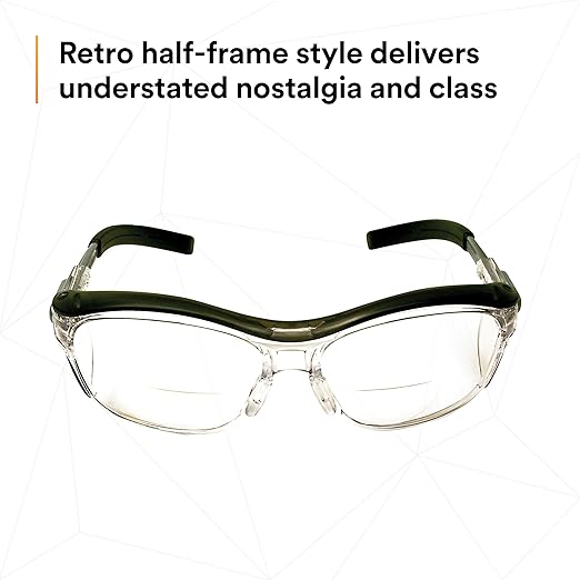 3M Safety Glasses with Readers, Nuvo Protective Eyewear, +2.5, ANSI Z87, Gray Frame, Clear Lens, Soft Nose Bridge, Side Shields