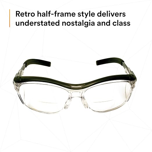 3M Safety Glasses with Readers, Nuvo Readers, +2.0 Diopter, Pack of 1, ANSI Z87, Clear Lens, Gray Frame, Soft Nose Bridge, Side Shields