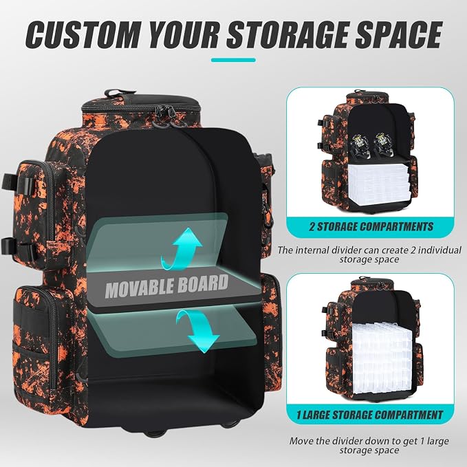 Tactical Fishing Tackle Backpack with Tackle Boxes, Rod Holders & Bottle Holder, 50 L Large Fishing Tackle Box Backpack with Cooler, Fishing Bag with Trays Store Gear & Equipment, Mars CM