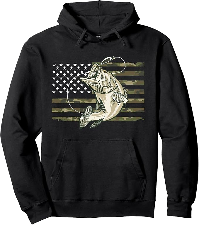 Fishing Camouflage US American Flag Bass Fish Fisherman Camo Pullover Hoodie