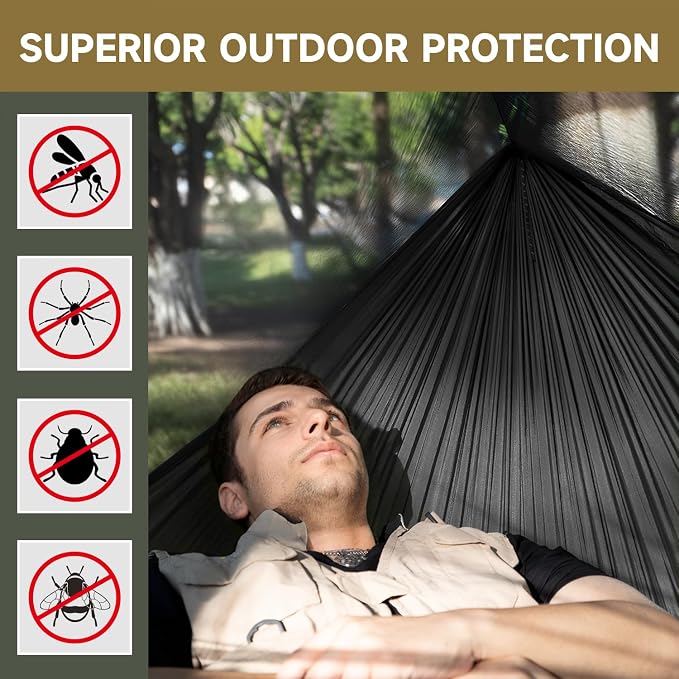 Camping Hammock with Mosquito Net and Tent Tarp, Lightweight Hanging Hammocks Tree Straps, All-in-one Fast Open Hammock for Outside, Hiking, and Travel