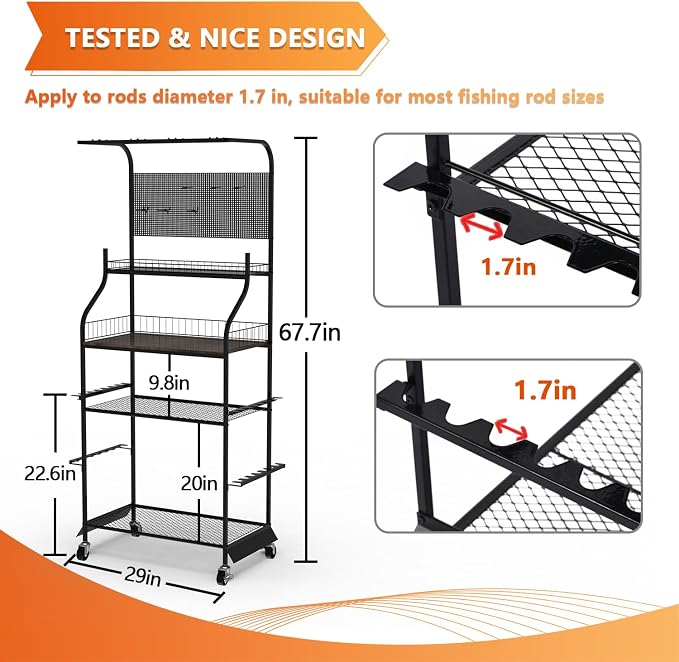 Heavy Duty Fishing Rod Rack, Fishing Organizer for Garage, Fishing Gear Holder for Garage with Movable Wheels