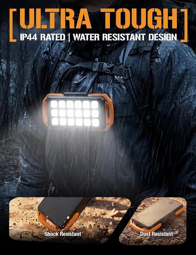 ToughTested 10,000mAh Solar Power Bank - Dual Foldable Solar Panels, 18W PD Fast Charging Portable Charger, IP44 Waterproof Battery Pack with 18 LED Flashlight - Essential Camping & Travel Gear