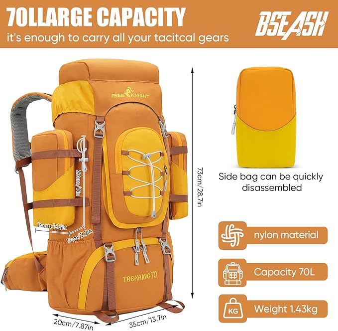 Bseash 70L (65+5) Waterproof Hiking Camping Backpack with Rain Cover, Outdoor Sport Travel Daypack for Climbing Touring (Yellow)