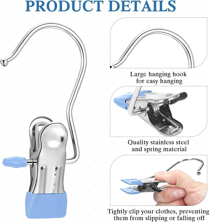 Yinder Boot Hangers Clips Laundry Hooks Hanging Stainless Steel Clothes Pins Portable Hangers for Closet Travel Socks Pants Handbags Hats Towels (Blue,60 Pcs)