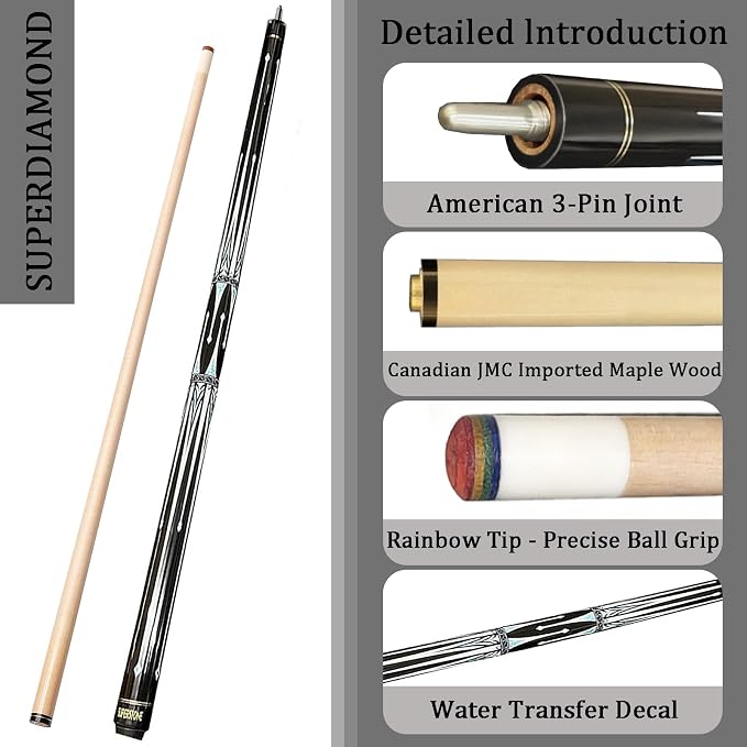 SUPERDIAMOND Pool Cue Stick Set Billiard Cue Sticks with Hard Case, 2-Pieces 58" Pool Table Sticks, 12.5 mm Tip Pool Queue,Pool Stick Set for Home Recreation, Billiards Clubs, Training