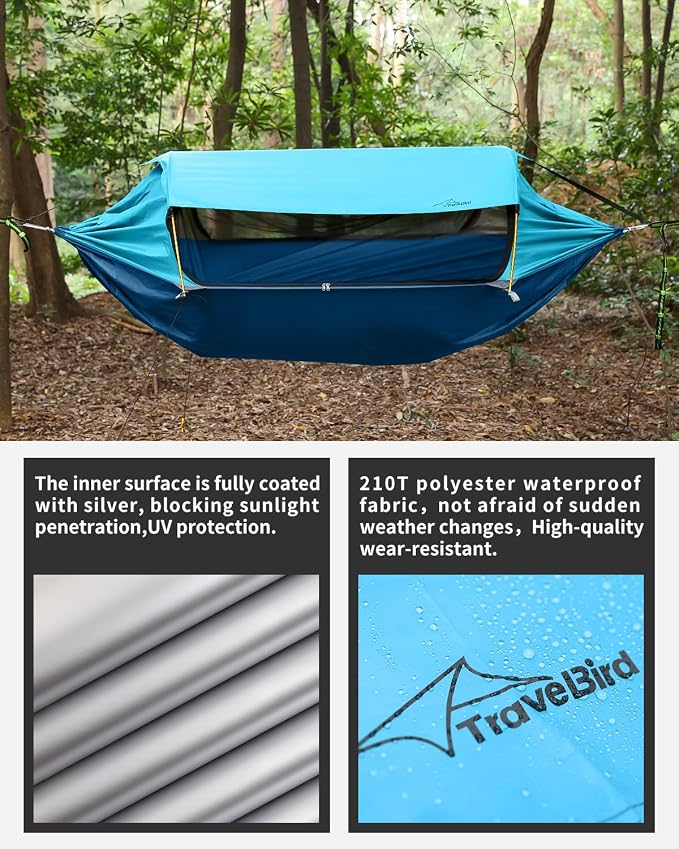 Camping Hammock Tent with Mosquito Net and Removable Sunshade, 4 in 1 Function, Lightweight Hanging Hammocks Tree Straps Swing, Bivvy Ground Tent for Outside, Hiking, and Travel