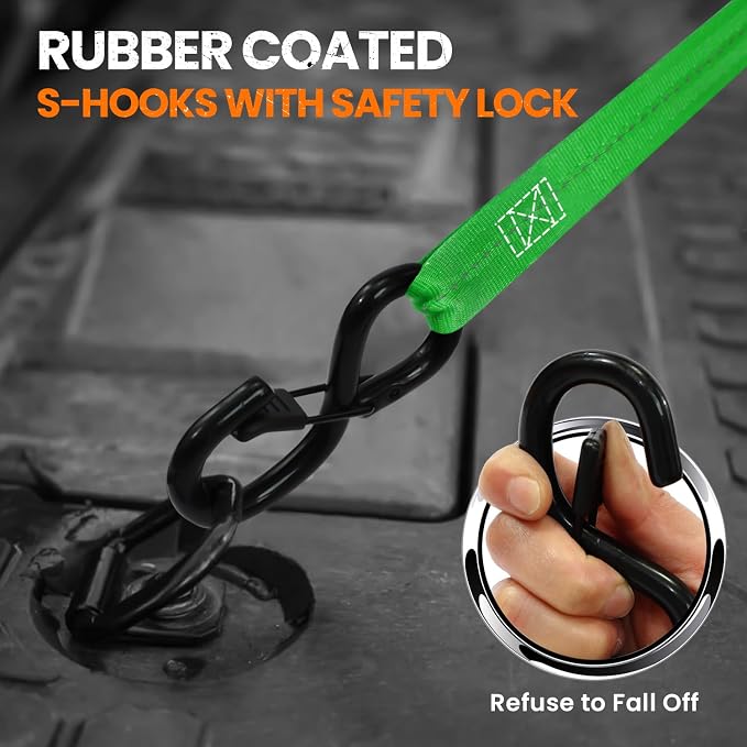 Retractable Ratchet Straps (4 PK), 1" x 12 ft Auto Retract Tie Downs, Automaitc Ratchet Strap, 1500lb Break Strength AutoRetract Self Retracting for Motorcycle, Truck, Cargo, Trailer, ATV, UTV -Green