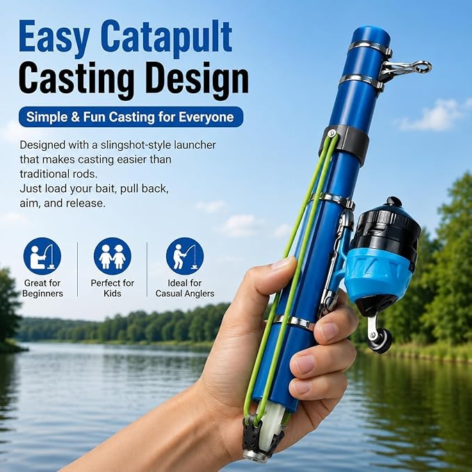 Catapult Fishing Rod Combo with Spincast Reel & Complete Tackle Kit, Slingshot Casting System, 15-25M Distance for Beginners