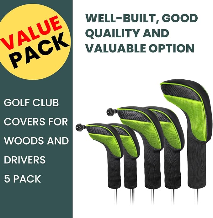 FINGER TEN Golf Club Head Covers for Woods Driver Fairway Hybrid Value 3/5 Pack, Long Headcover Interchangeable Accessories for Ultimate Club Protection