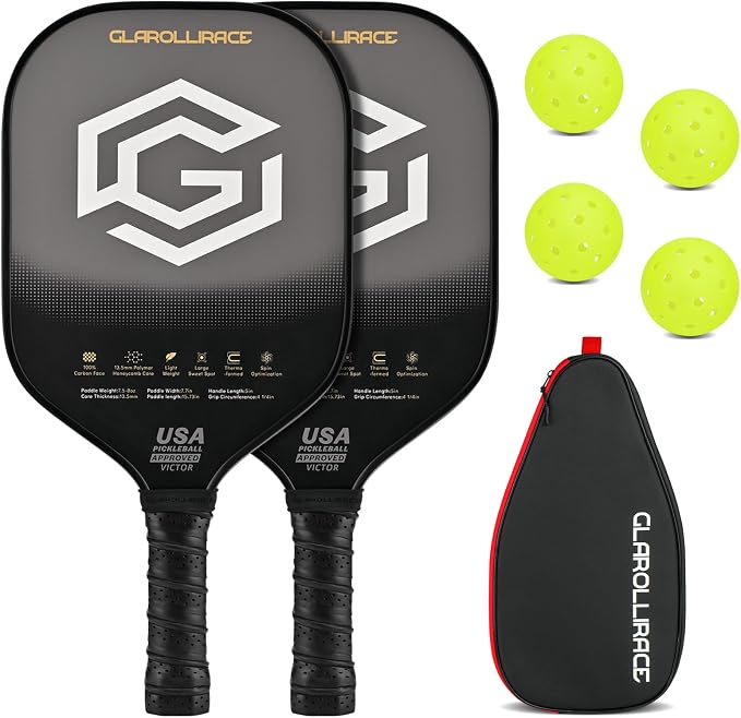 Pickleball Paddles Set of 2 | 4 Pickleball Rackets, USAPA Approved Pickleball Set, Fiberglass | Carbon Fiber Surface & 13 mm PP Honeycomb Core,4 Indoor & Outdoor Pickle Balls