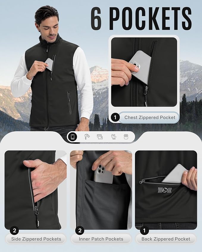 Outdoor Ventures Men's Windproof Softshell Vest Outerwear Lightweight Sleeveless Jacket for Running Golf Hiking Travel